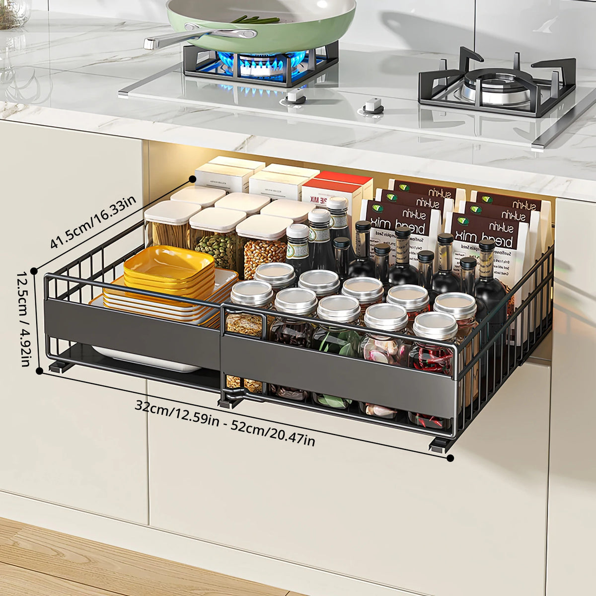 Expandable Cabinet Drawer Organizer - Pull-Out Storage Tray with 3 Sliding Rails