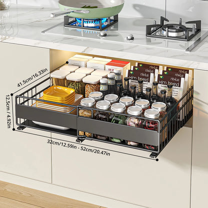 Expandable Cabinet Drawer Organizer - Pull-Out Storage Tray with 3 Sliding Rails
