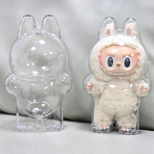 Labubu Transparent Protective Cover for Elf Doll - Cute Monster Toy Storage & Display Case for Party Plushies
