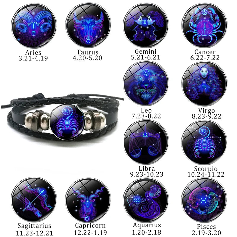 Men’s Zodiac Sign Leather Bracelet | 12 Constellation Black Braided Wrap | Punk Style Multilayer Bracelet for Birthday Gifts