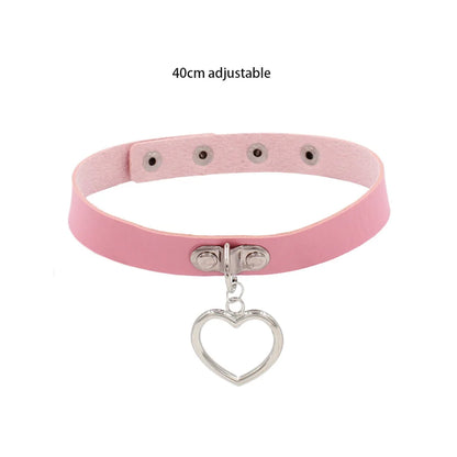Pink Gothic Collar Necklace – Trendy Rock Leather Heart with Rivets, Harajuku Punk Choker Jewelry for Women, Gift Idea