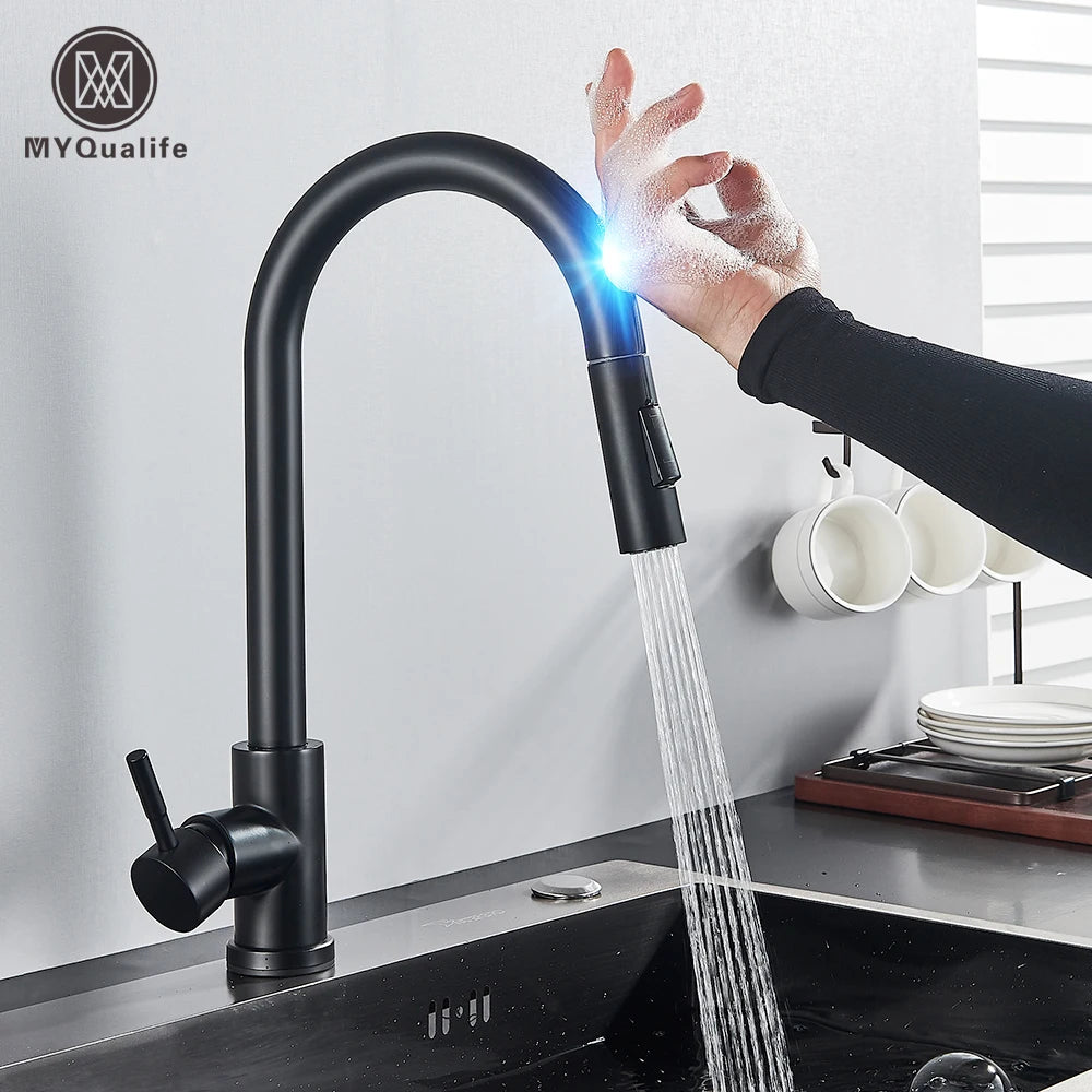 Pull-Out Sensor Black Kitchen Faucet - Sensitive Touch Control Mixer Tap for Kitchen Sink