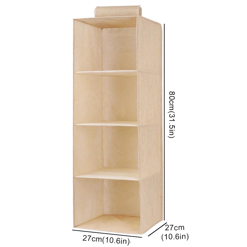 Cotton Linen Hanging Storage Bag with Drawers — Collapsible Wardrobe Organizer Box and Clothes Holder Shelves