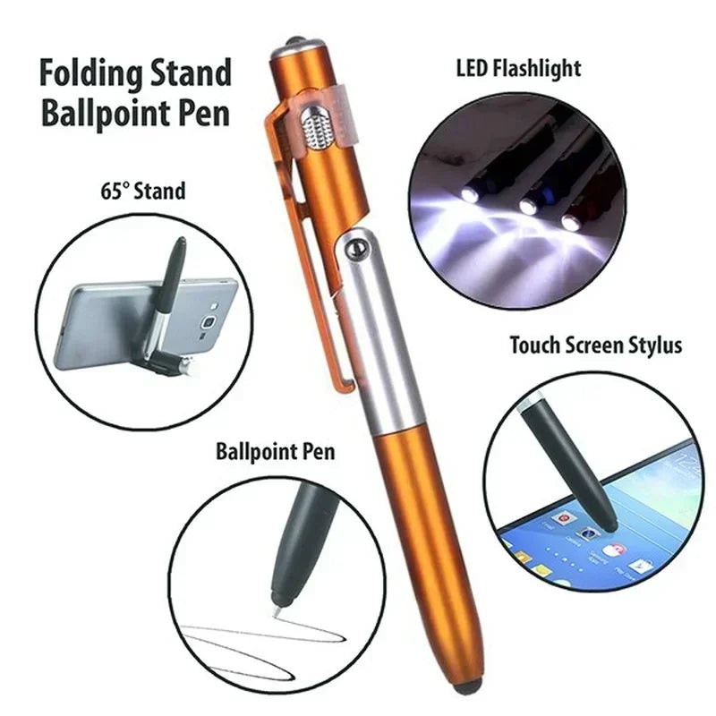 4-in-1 Multifunction Ballpoint Pen — LED Light, Foldable Phone Holder, Night Reading, Writing Pencil for Office, School, and Students