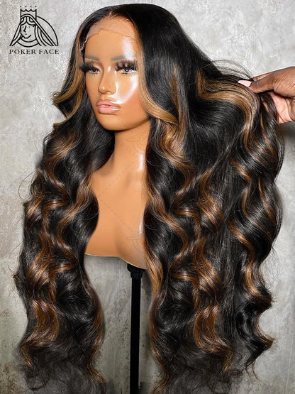 30 Inch Brazilian Body Wave Highlight Ombre Wig – 13x4 Lace Front, 1B/30 Black Brown Human Hair Wig for Women