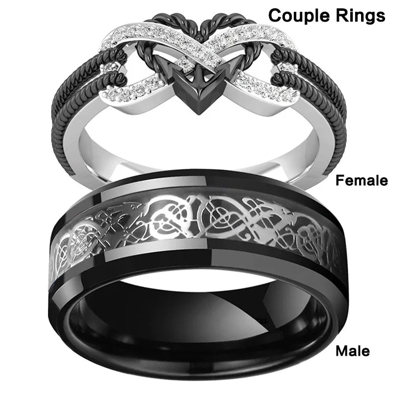 Charm Couple Rings Set - Stainless Steel Celtic Dragon Ring for Men & Heart Black Zircon Wedding Rings for Women, Valentine's Day Jewelry