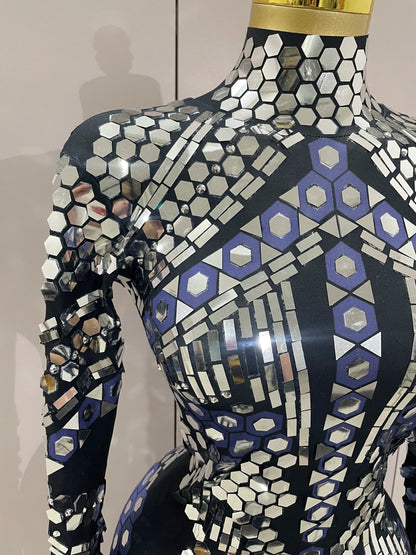 Sexy Shiny Silver Sequin & Black Spandex Jumpsuit — 2025 Women’s Prom, Dancer & Stage Performance Costume