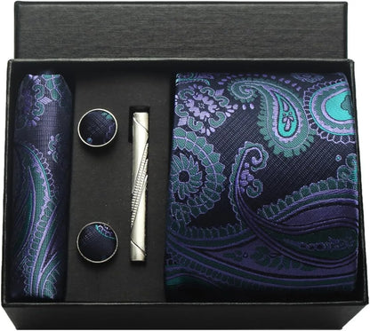 100% Silk Men’s Necktie Set with Paisley Floral Design, Business Tie with Pocket Square, Tie Clip & Cufflinks Gift Box Set for Men