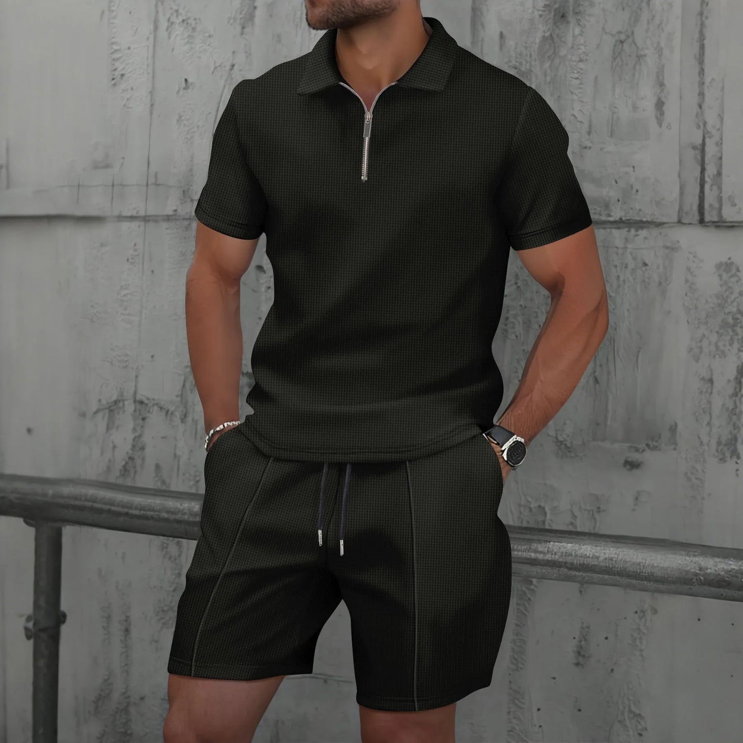 2025 Men's Summer Waffle Knit Short Set – Solid Color Zip-Up Lapel Shirt & Shorts | European & US Style