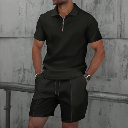 2025 Men's Summer Waffle Knit Short Set – Solid Color Zip-Up Lapel Shirt & Shorts | European & US Style