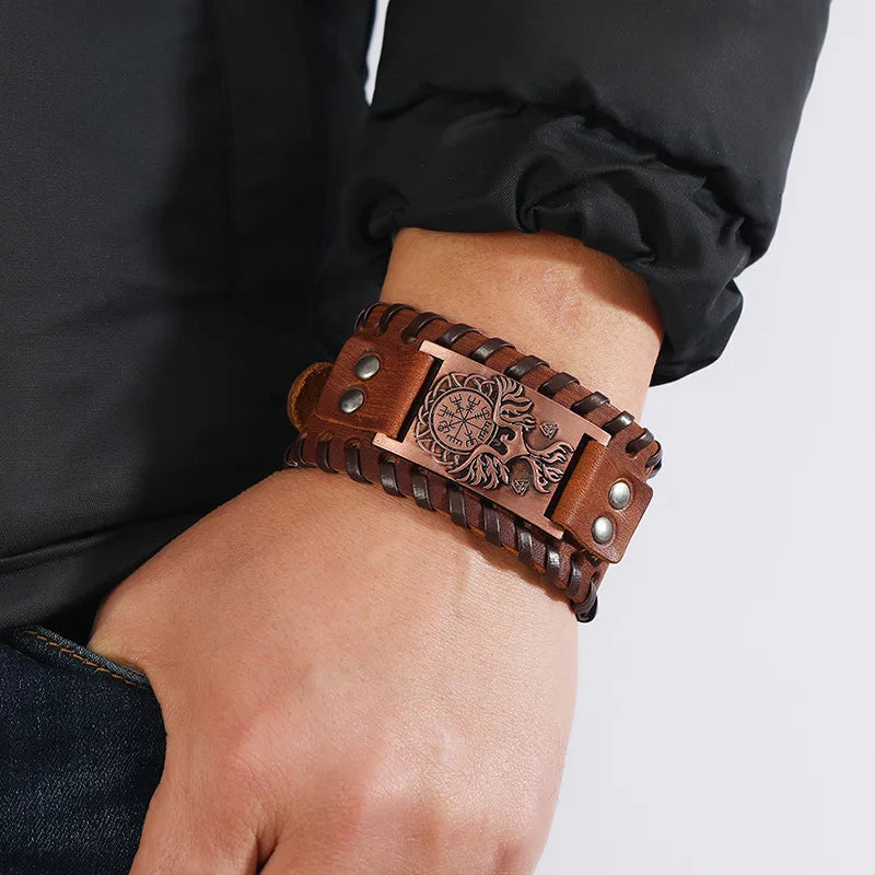Trendy Viking Bracelet – Nordic Rune Compass & God Bird Charm Leather Woven Jewelry for Men, Fashion Accessory & Party Gift