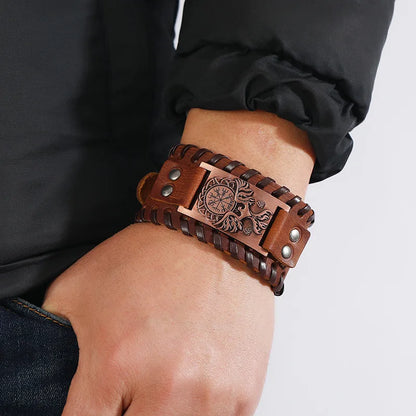 Trendy Viking Bracelet – Nordic Rune Compass & God Bird Charm Leather Woven Jewelry for Men, Fashion Accessory & Party Gift