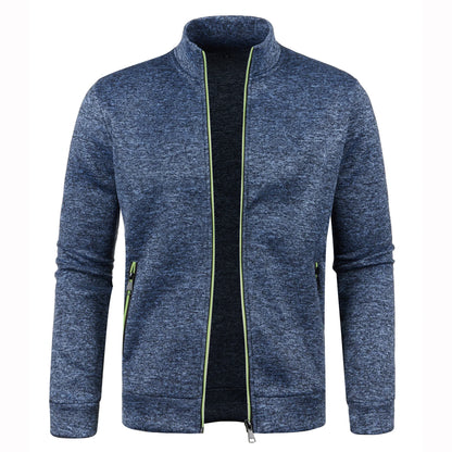 Men's Autumn Winter Zipper Sweater Jacket - Color Block Long Sleeve Slim Fit Plush Casual Warm Coat