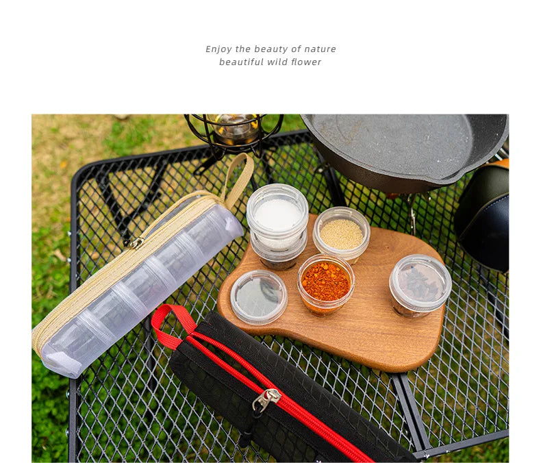 Portable Travel Camping Spice Kit | Bag with 5 Clear Seasoning Bottles & Condiment Container Set