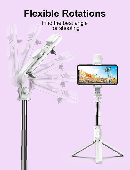 Wireless Bluetooth Selfie Stick Tripod – Foldable & Portable with Fill Light and Remote for iPhone & Android Phones