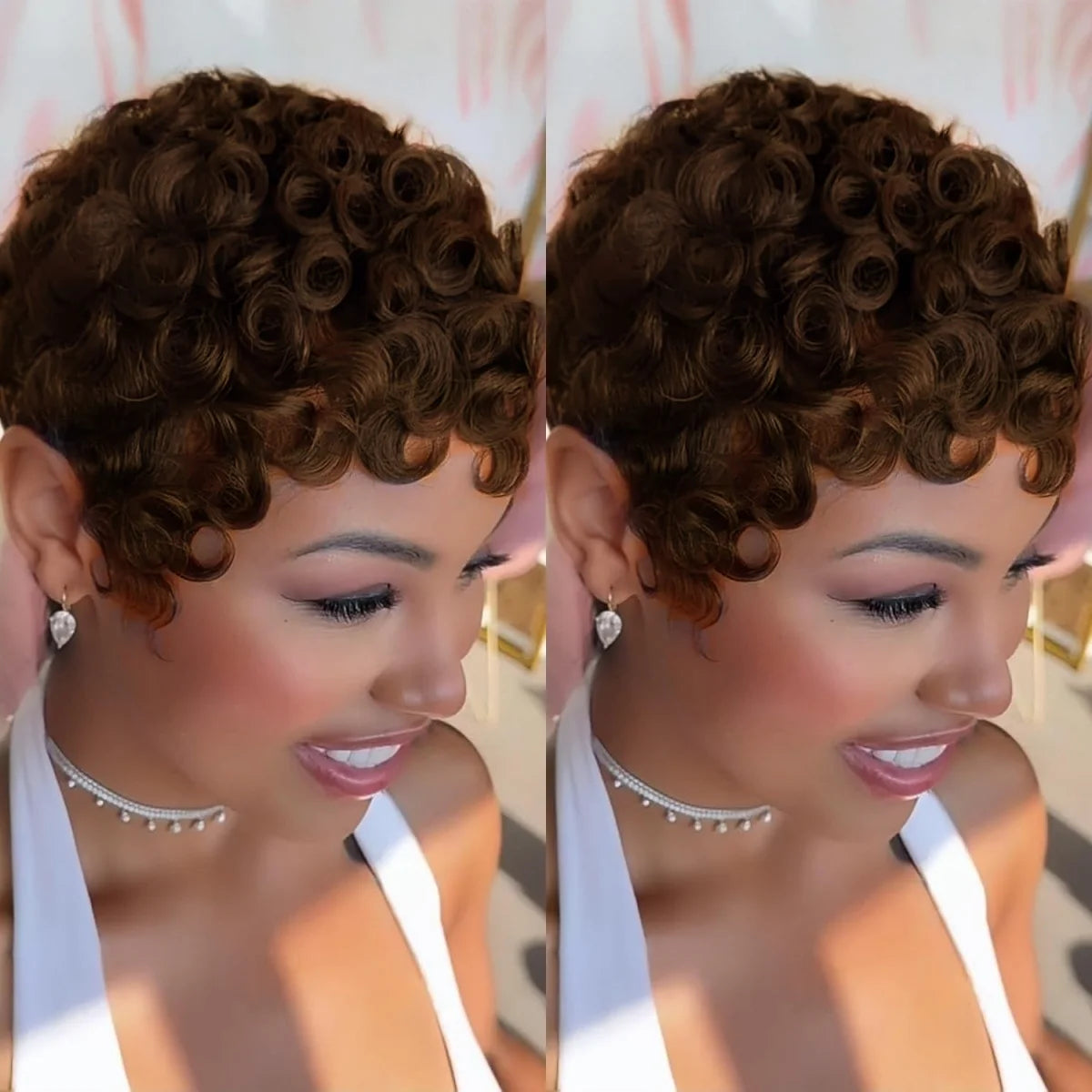 Brazilian Remy Human Hair Wig - Short Curly Pixie Cut Full Machine-Made Wig for Women