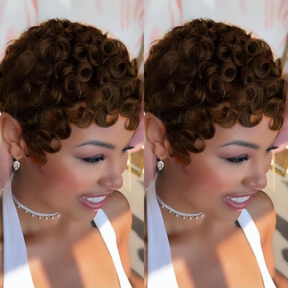 Brazilian Remy Human Hair Wig - Short Curly Pixie Cut Full Machine-Made Wig for Women
