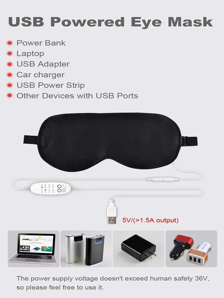 USB Heated Silk Eye Mask — Reusable Steaming Eye Massager for Sleep, Puffiness, Dark Circles & Eye Care