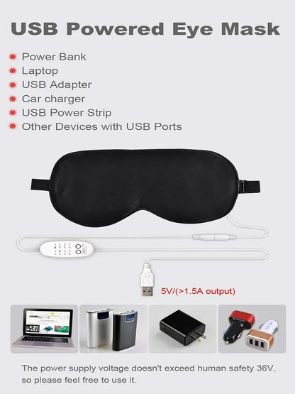 USB Heated Silk Eye Mask — Reusable Steaming Eye Massager for Sleep, Puffiness, Dark Circles & Eye Care
