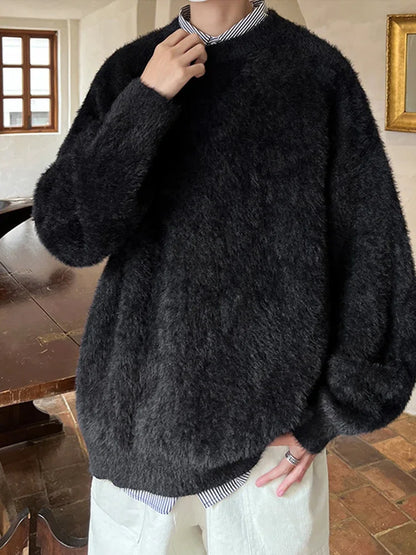 Men's Autumn Fluffy Knit Sweater - Loose Warm Korean Style Y2K Vintage Winter Pullover