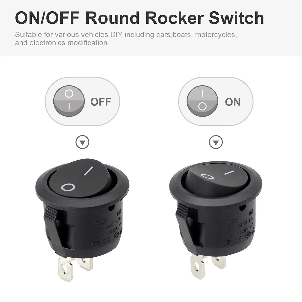 Mini Round Rocker Switches - 2-Pin On/Off 3A 250V 6A 125V Switches for RV, Car, Truck and Boat, 10/20PCS