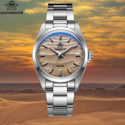 ADDIESDIVE AD2030 Men’s Quartz Watch — 36MM Simple Steel Dive Wristwatch, 10Bar Waterproof, Bubble Mirror Glass Sports Timepiece
