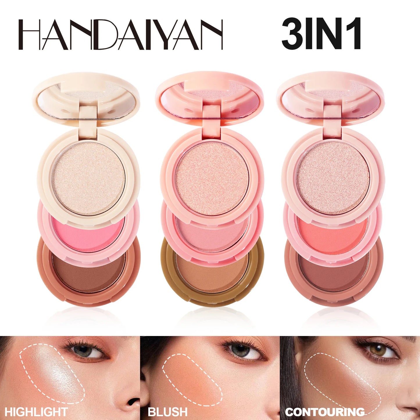 Handaiyan 3-in-1 Eyeshadow, Highlighter & Blusher Palette – Moonlight Stone Glitter Powder for Face & Nose