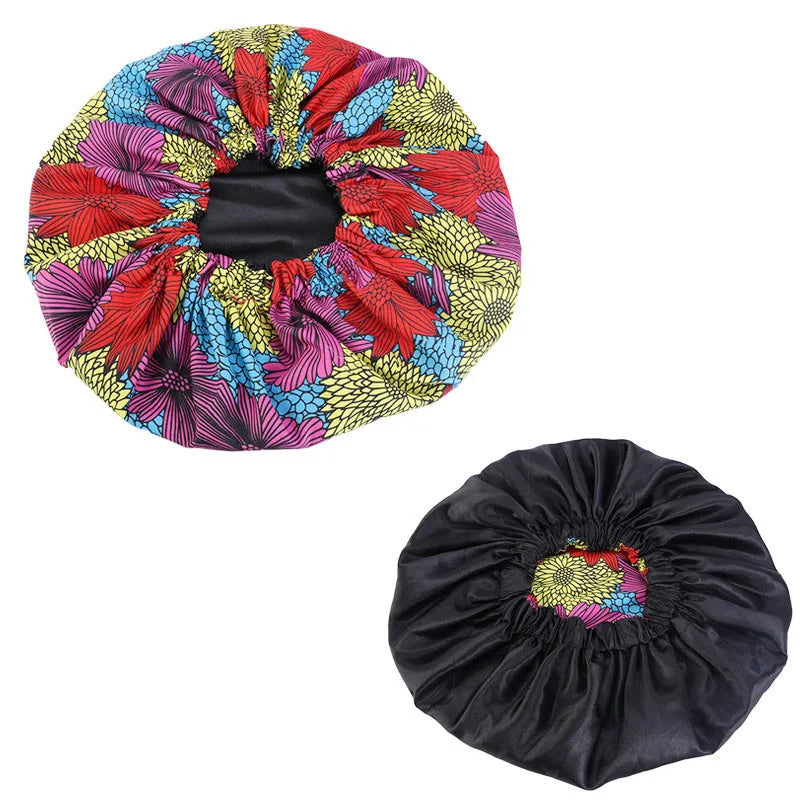 Women’s Double-Layer Satin Bonnet - African Ankara Floral Print Adjustable Reusable Sleep Cap for Hair Care
