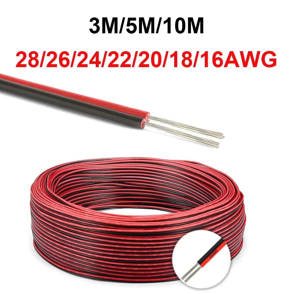 12V Red & Black Hookup Wire – 2-Pin Automotive Flat Cable for LED Extension, Doorbell, Lighting, & Speakers