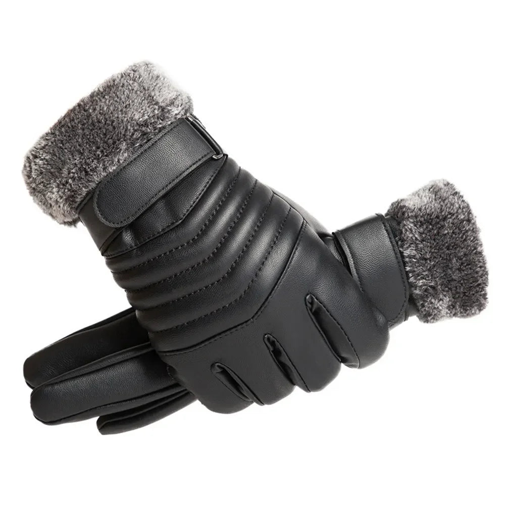 Men's Winter Fur Lined Gloves - Warm Insulated PU Touch Screen Gloves for Cycling, Motorcycle and Outdoor Use