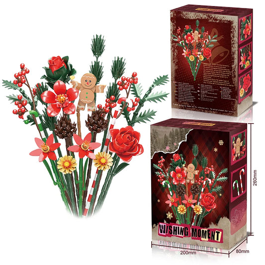 865PCS Gingerbread Man Christmas Bouquet Building Block Set – DIY Flower Plant Bricks, Decorative Toy for Kids & Adults
