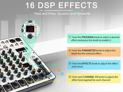 ARVOMIC 6 Channel DJ Audio Mixer – USB Interface, Bluetooth, 16 DSP Effects, 3-Band EQ (ARMX-6)