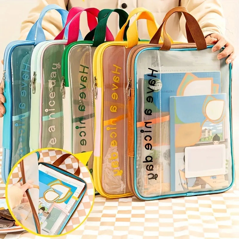 Large Capacity Waterproof Handheld Study Bag – Transparent PVC Exam & Test Paper Storage for Elementary School