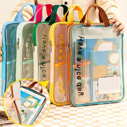 Large Capacity Waterproof Handheld Study Bag – Transparent PVC Exam & Test Paper Storage for Elementary School