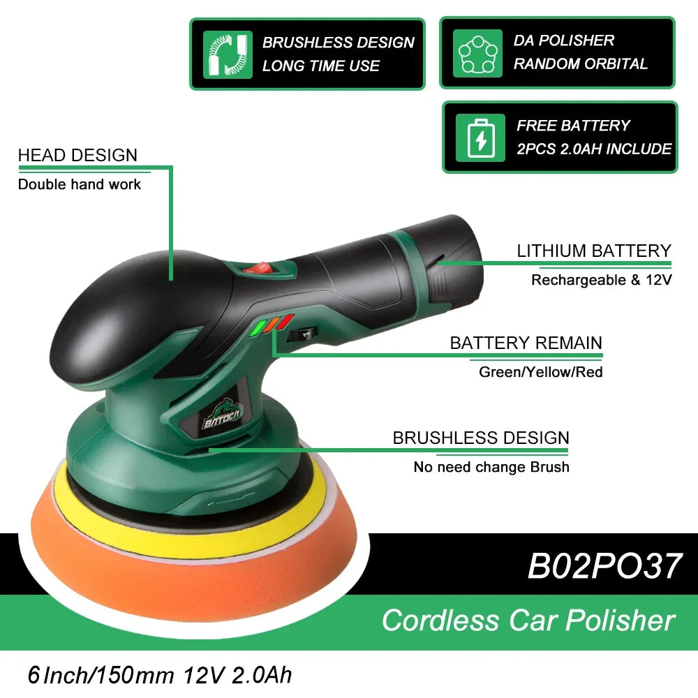 BATOCA Cordless 12V Dual Action Car Polisher – Wireless Brushless Auto Buffer with 2×2.0Ah Lithium Batteries for Car Detailing