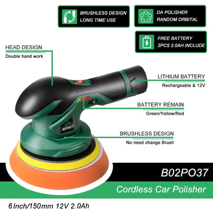 BATOCA Cordless 12V Dual Action Car Polisher – Wireless Brushless Auto Buffer with 2×2.0Ah Lithium Batteries for Car Detailing