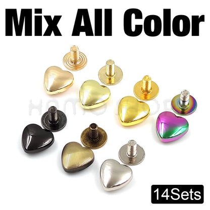 10 Set Heart-Shaped Metal Screwback Rivets 10/14mm – Screw Studs for Leathercraft, Garments, Belts & Bags
