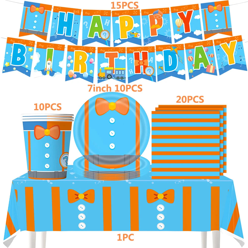 Happy Birthday Party Supplies Set — Cartoon Movie Theme Flag Banner, Paper Tableware, Latex Balloons & Cake Topper Decoration
