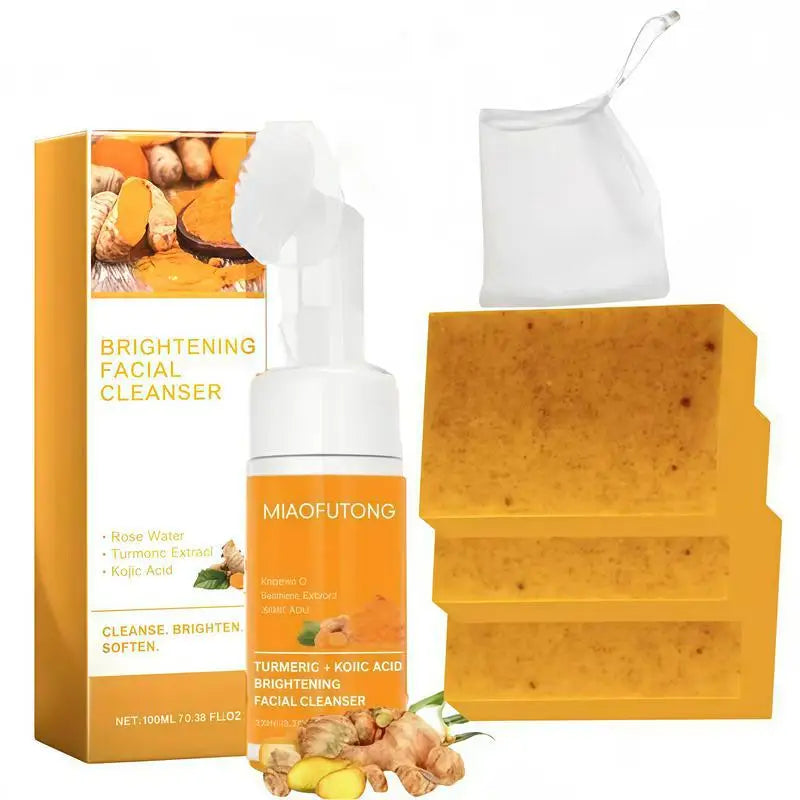 Turmeric & Kojic Acid Cleanser and Soap Set - Deep-Cleansing Skincare for Oil Control, Blackhead Care, and Radiant-Looking Skin