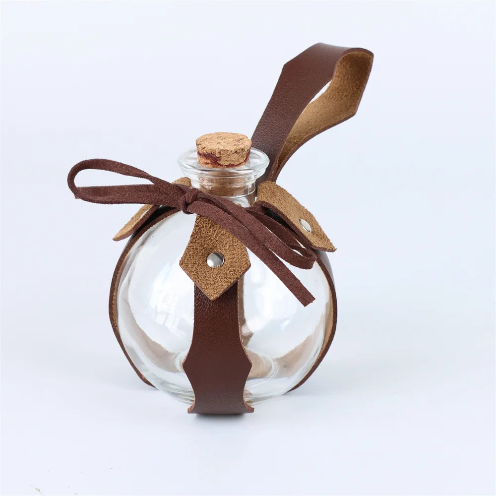 Medieval Elf Leaf Leather Belt Set – Glass Magic Bottle Case, Embossed Retro Leather Accessories for Halloween & Cosplay