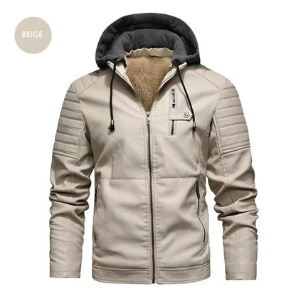 Fashion Men’s Hooded Faux Leather Jacket – Military Style Motorcycle Outwear with Zipper Pockets, Autumn Winter Coat