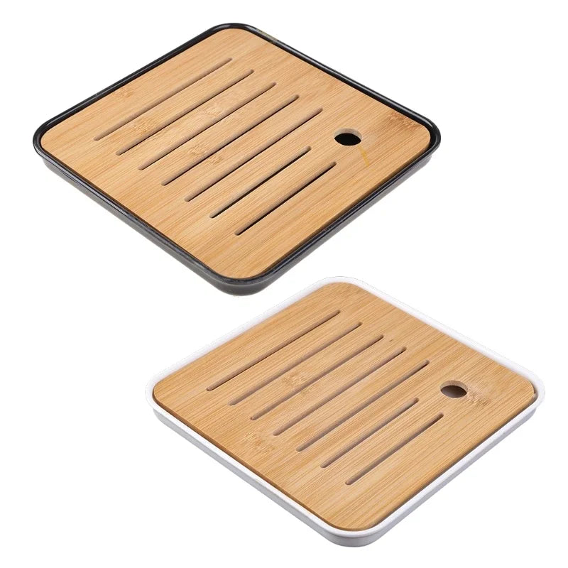 Bamboo Chinese Gongfu Tea Tray – Wood & Marble Serving Tray with Water Storage and Drainage Box