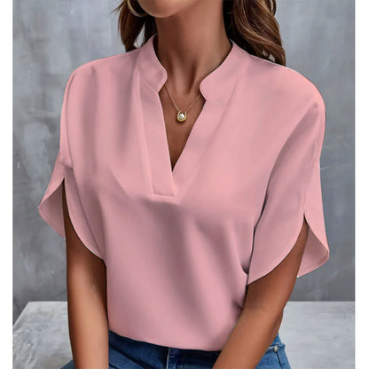 Women’s V-Neck Summer Blouse - Casual Solid Half Sleeve Loose Fit Elegant Office Pullover Shirt Top