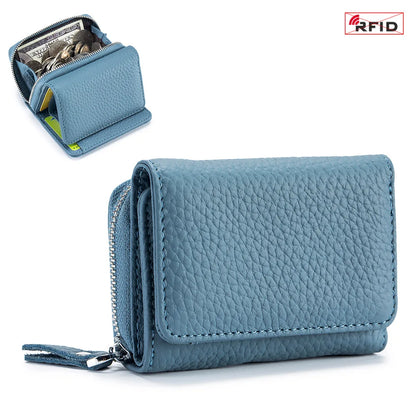 Genuine Leather Women’s Wallet — Small Zipper Coin Purse, Short Cowhide RFID Card & Money Holder, Perfect Gift for Women