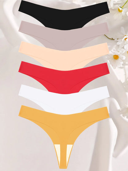 FINETOO 6PCS Seamless Ice Silk Thongs for Women – Breathable T-Back Crotch Briefs, Sexy Solid Tanga Lingerie in 10 Colors