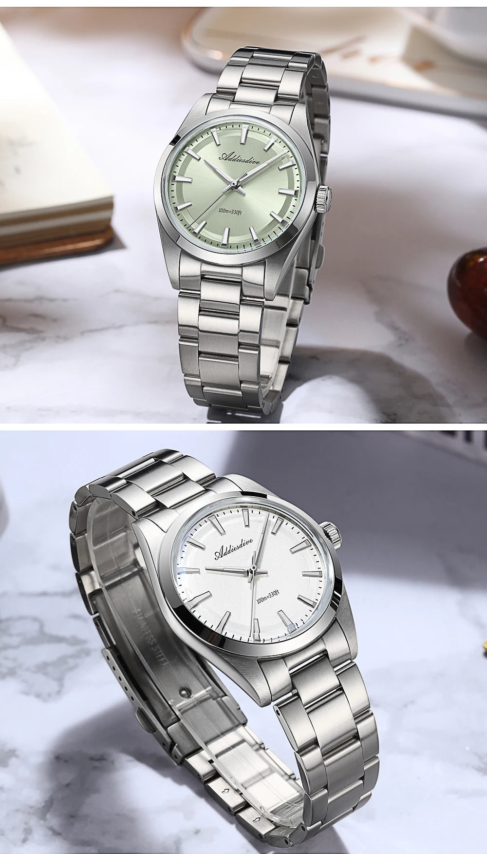 ADDIESDIVE 36MM Men's Stainless Steel Quartz Watch — Luxury Bubble Mirror Glass, 100M Waterproof Timepiece AD2066