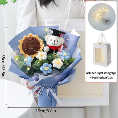 DIY Simulated Flower Bouquet – Crochet Sunflower Finished Product, Graduation, Doctoral, Valentine’s Day & Birthday Gift with Bear