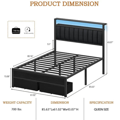 LED Bed Frame with Charging Station – Grey Upholstered Headboard with Shelves, Metal Platform Platform Bed with Custom Storage Design