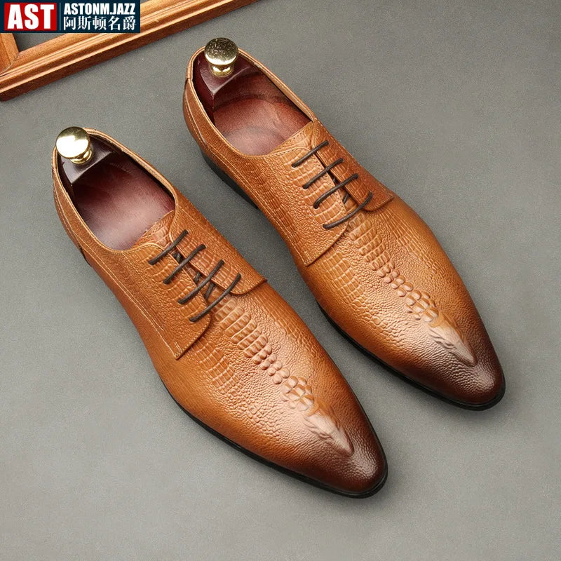 Men’s Genuine Leather Oxford Shoes - Handmade Crocodile Pattern Formal Wedding Business Dress Shoes in Black or Blue