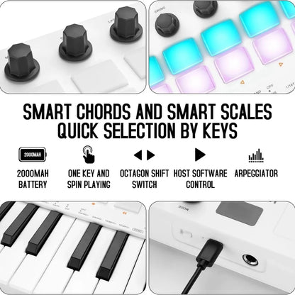 M-VAVE SMK-25 II MIDI Pad Controller Keyboard – 25 Key USB Mini, 16 RGB Drum Pads, 8 Knobs, Music Production Software Included
